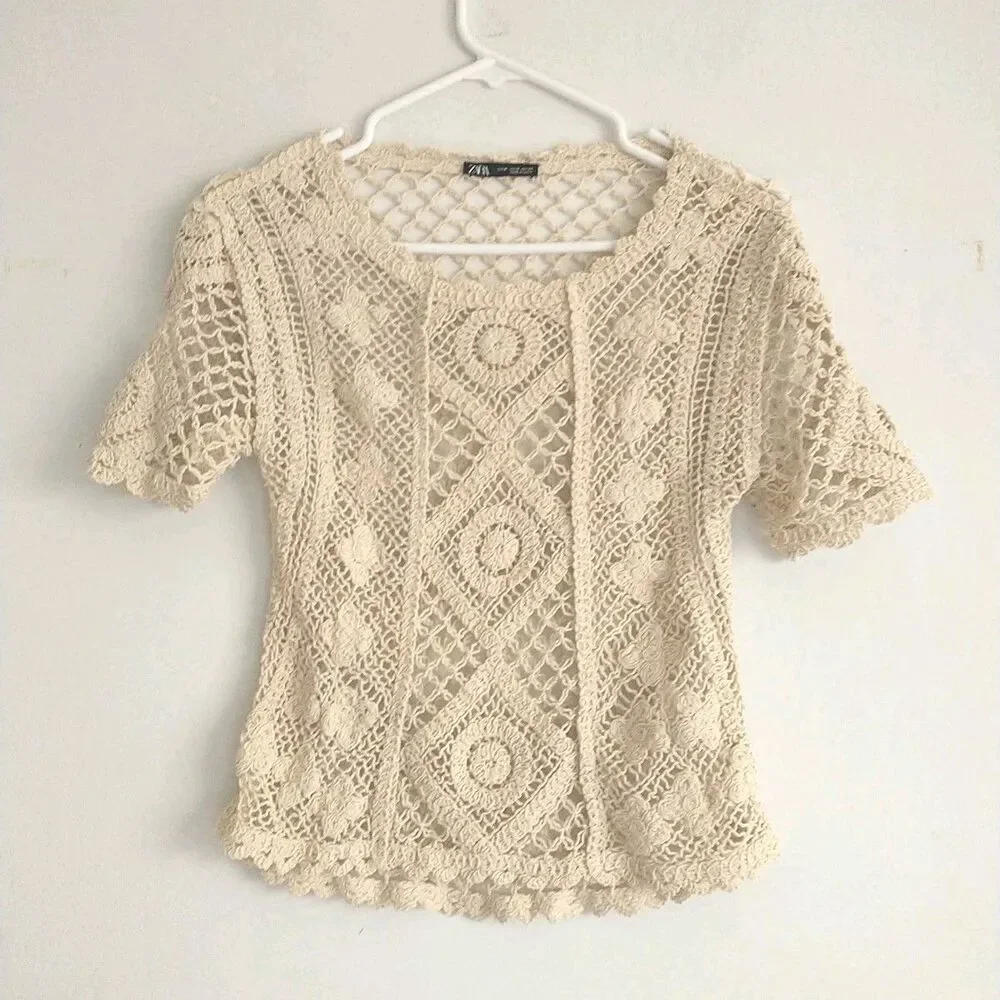 Zara Top Teen M/XS*White Floral Crochet Lace Boho Scallop Cottagecore Sheer